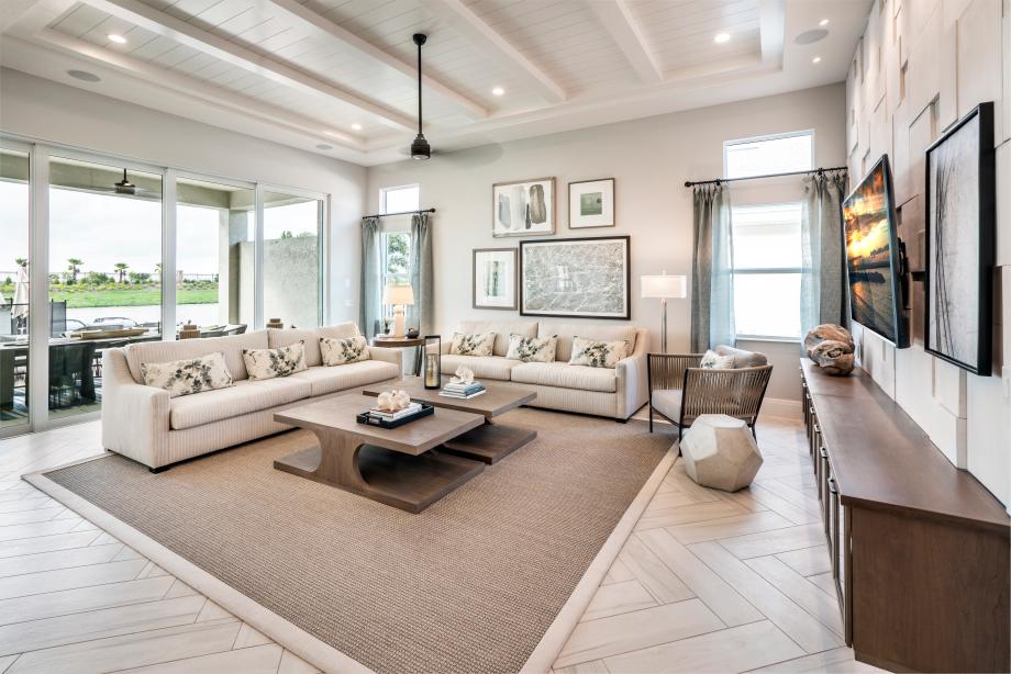Spacious great room with 12-foot coffered ceiling