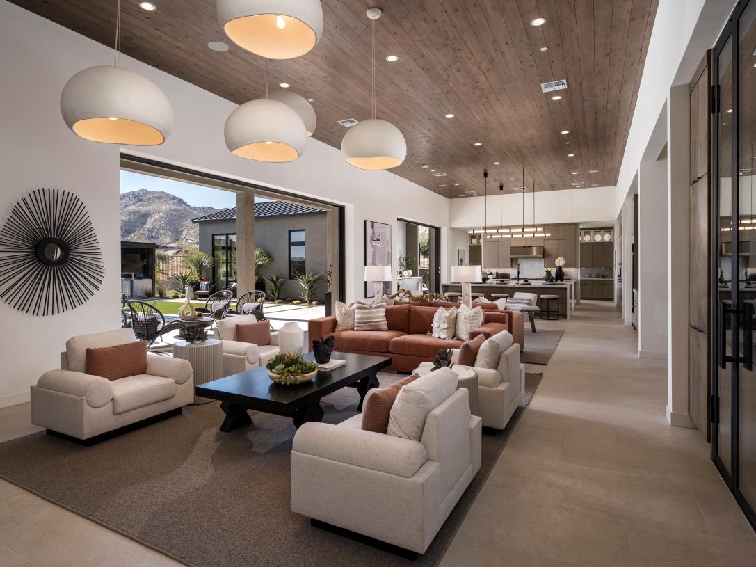 Open concept great room, dining, and kitchen