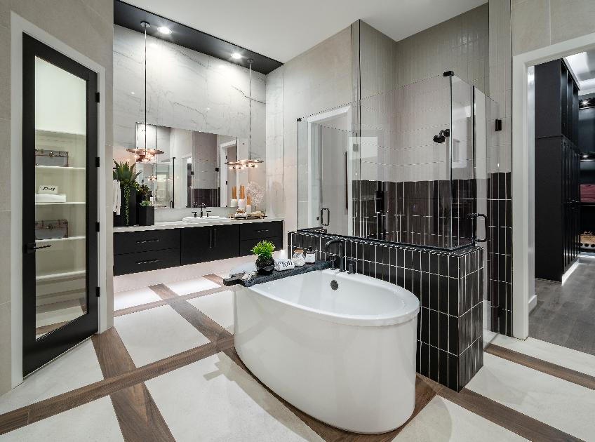 Gorgeous primary bathroom with walk-in shower and freestanding tub