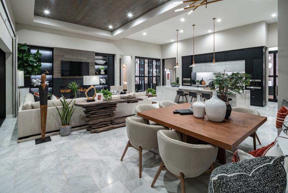 Open concept floor plan with tray ceilings