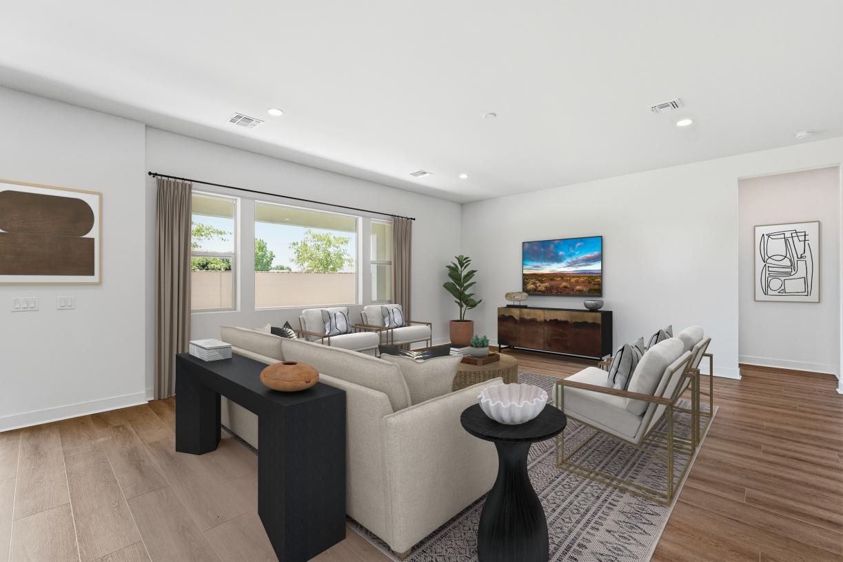 Expansive great room with beautiful flooring and upgraded finishes
