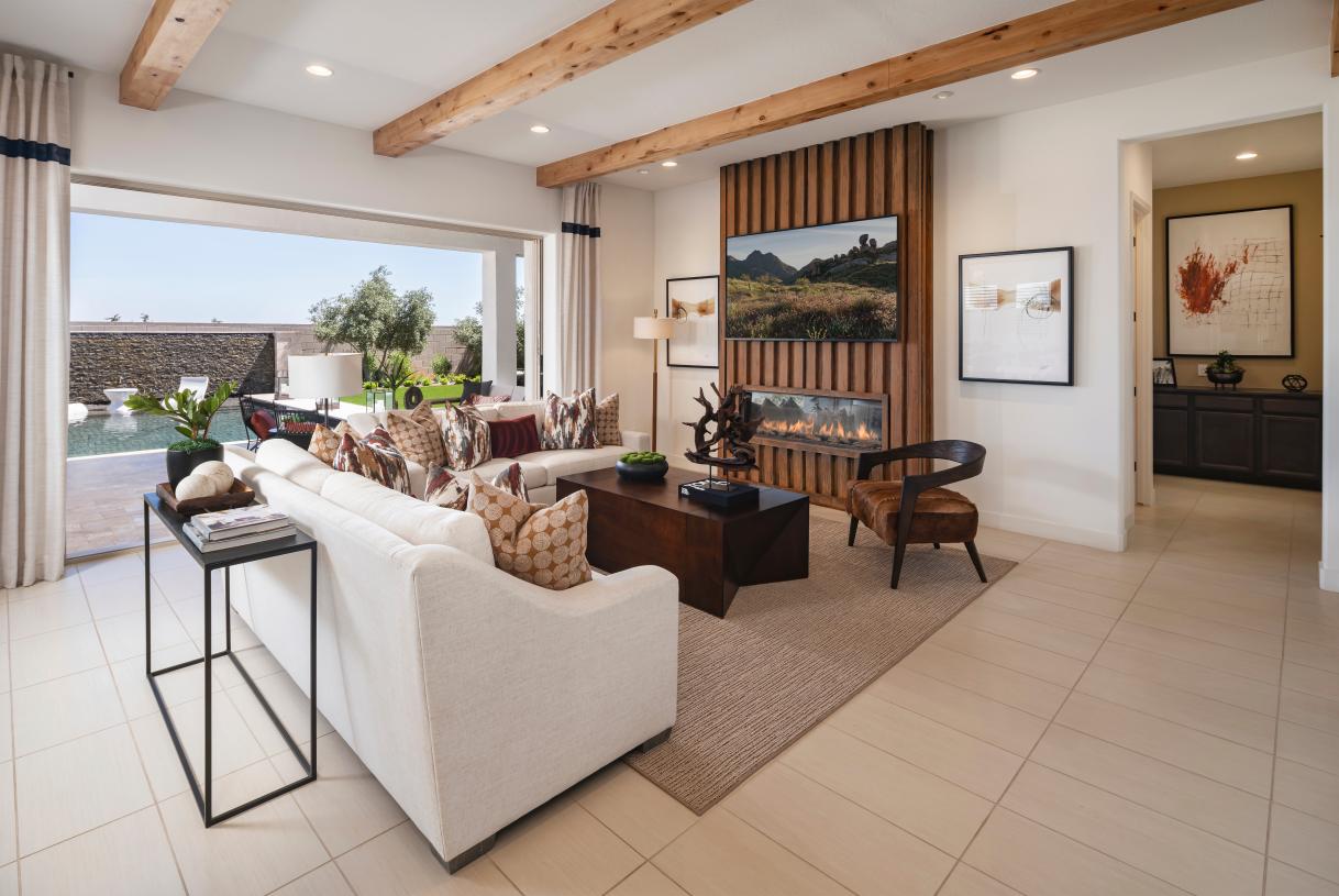 Beautiful great room with box beams and gorgeous fireplace