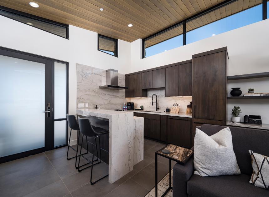 Gourmet kitchen with waterfall island