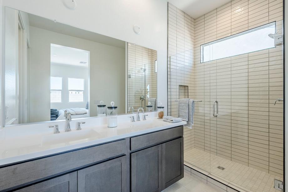 Primary bathroom with striking finishes