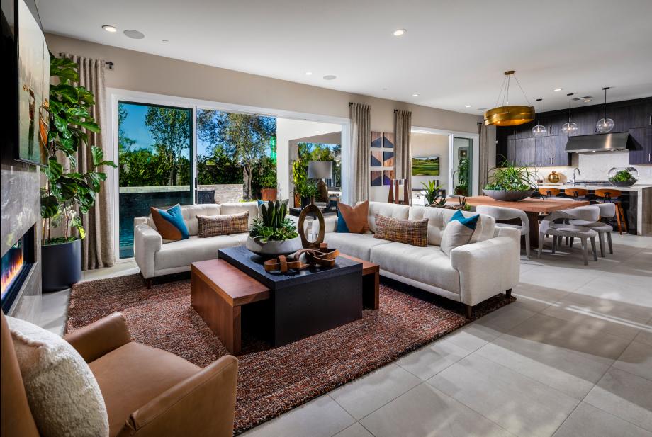 Great room and luxury outdoor living space are accessible to the kitchen