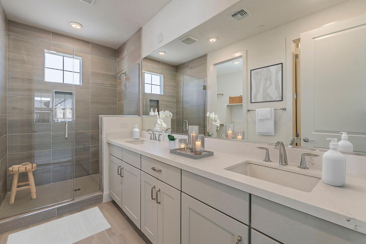 Gorgeous primary bathroom with dual-sink vanity