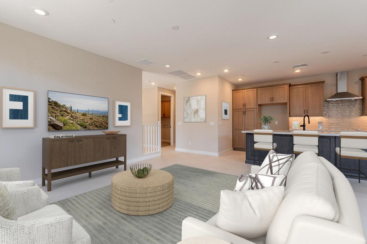 Great room seamlessly leads into casual dining area and kitchen