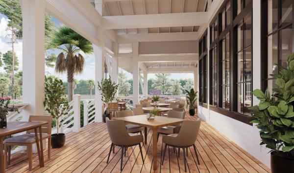 Future clubhouse will also have peaceful covered porch for outdoor dining