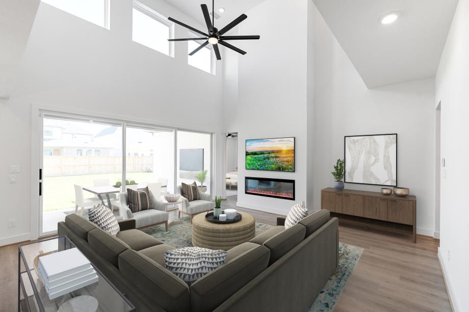 Great room with fireplace and sliding glass doors