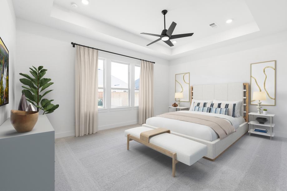Primary bedroom with tray ceilings