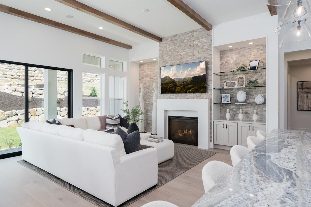 Great rooms with cozy fireplaces and high ceilings