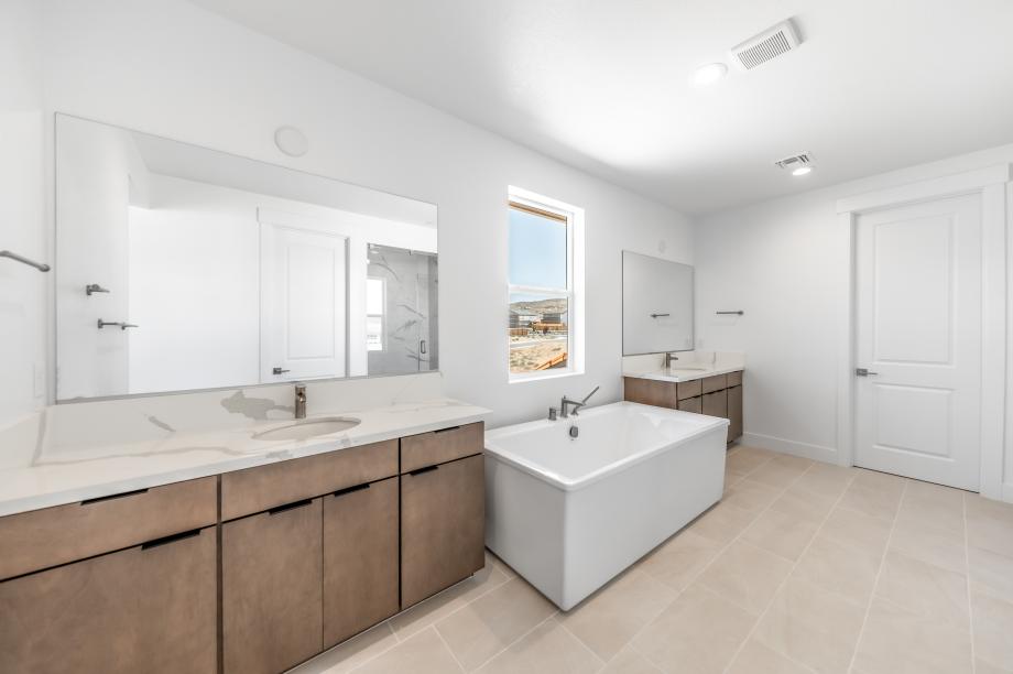 Spa-like primary bathroom with a large walk-in shower and freestanding bath