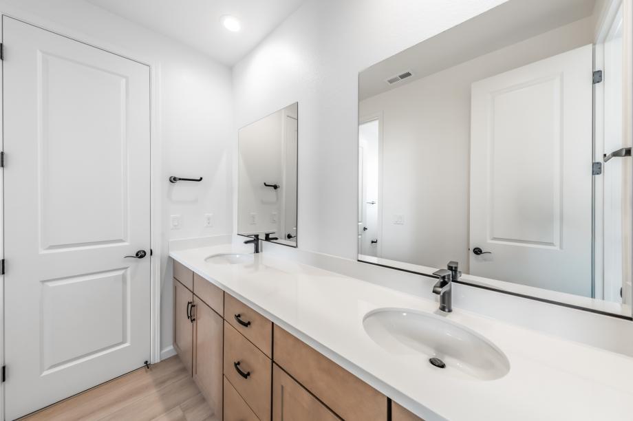 Primary bathroom with a dual-sink vanity and walk-in shower