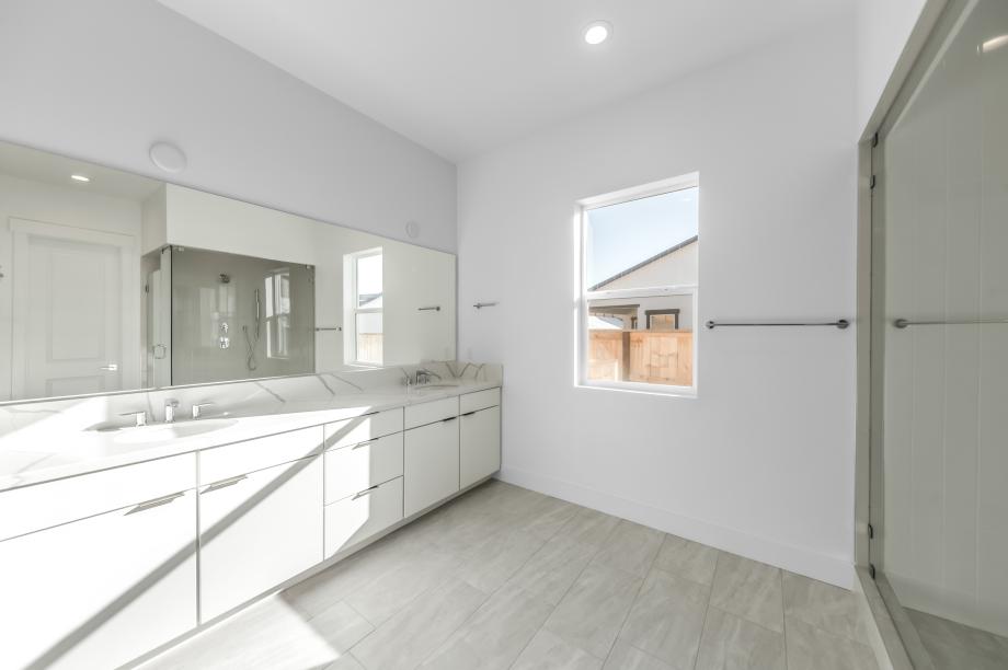 Spa-like primary bathroom with a large walk-in shower and dual-sink vanity