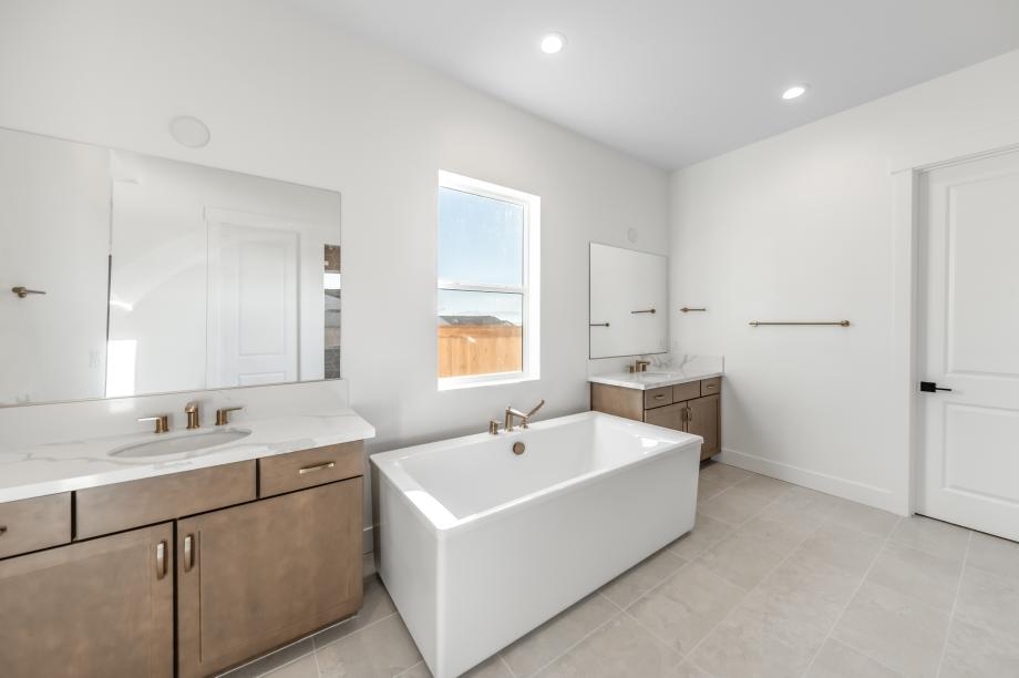 Spa-like primary bathroom with large soaking tub and walk-in shower