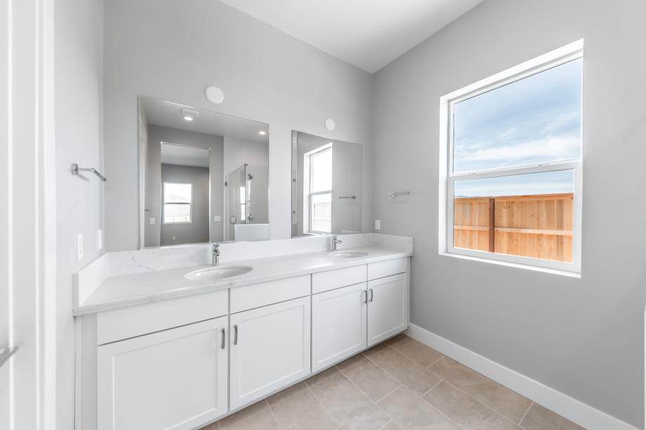 Primary bathroom with walk-in shower and walk-in closet