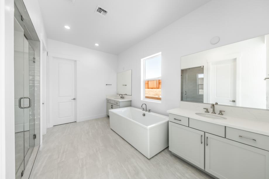 Spa-like primary bathroom with a large walk-in shower and dual-sink vanity