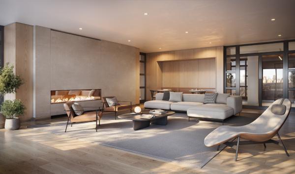 The resident lounge is suited for both work and play—socialize with neighbors, relax by the fire, catch up on work