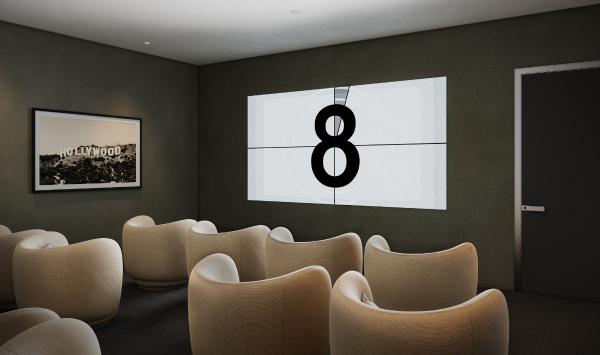 The soundproof screening room lets you host a movie night, a sports viewing party, or a private screening