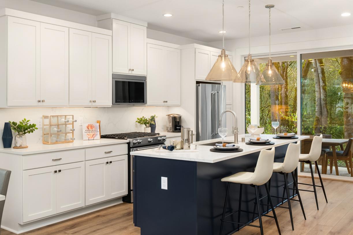 Stunning kitchen of the Daisy home design opens to the covered patio