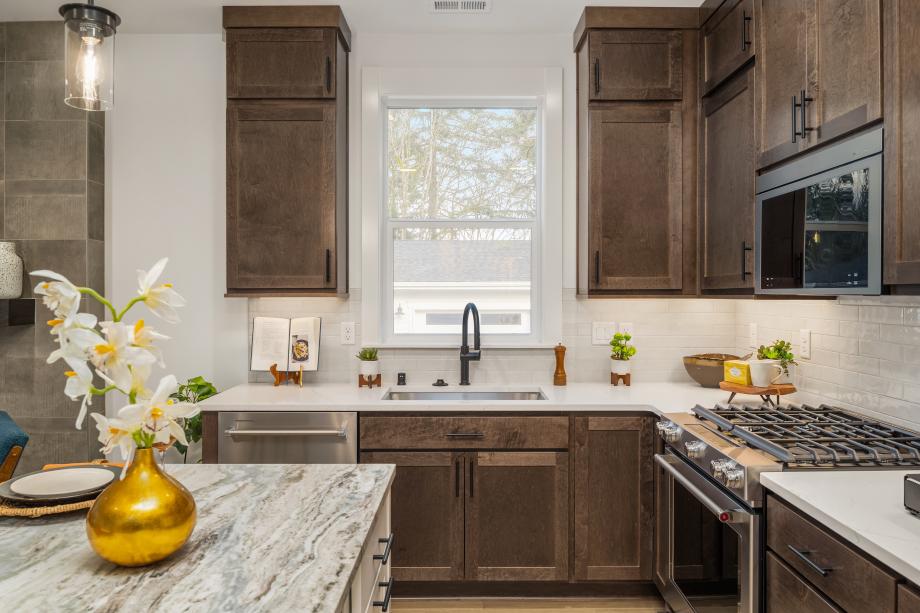 Striking dolomite slab stone countertop on the island