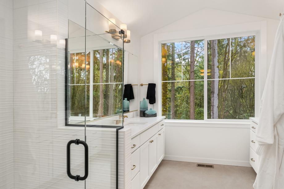 Spacious walk-in shower in the primary bathroom