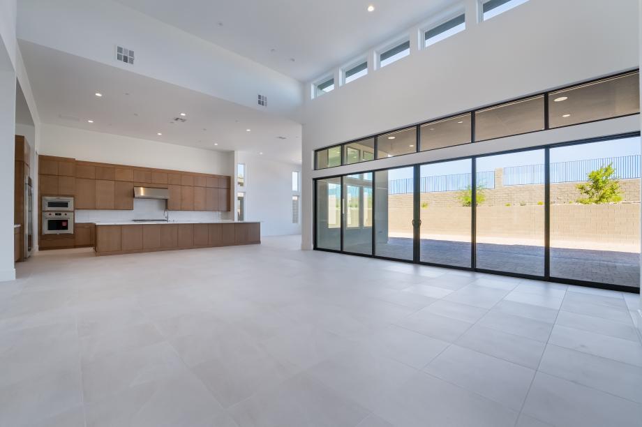 Open great room with linear fireplace