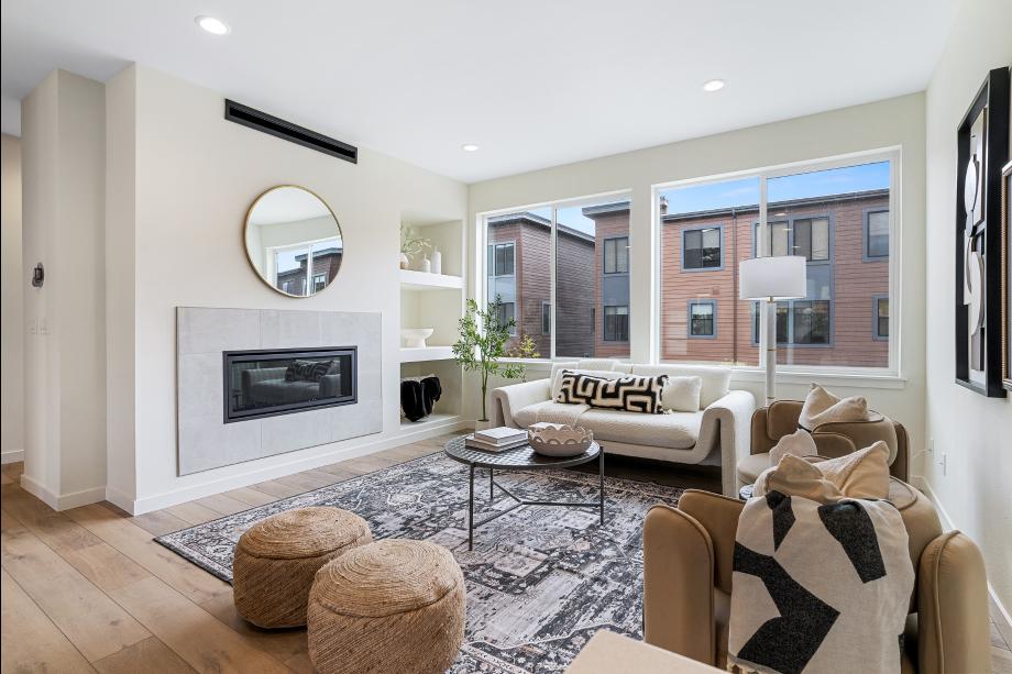 Gas fireplace and built-in shelving in the great room