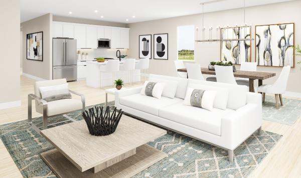 Open-concept great room with spacious casual dining area and kitchen