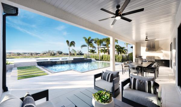 Spacious covered lanai space with resort-style pool and spa