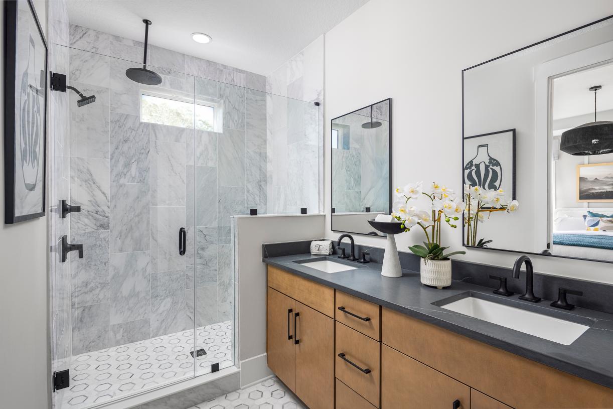 Spa-inspired bath with designer finishes