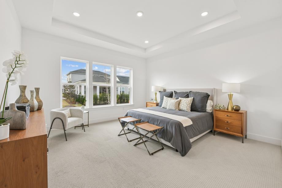 Large primary bedroom suite with a tray ceiling