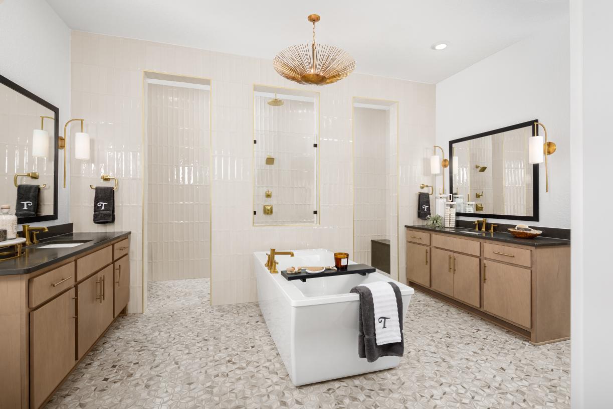 Luxurious primary bathrooms with walk-in showers and soaking tubs