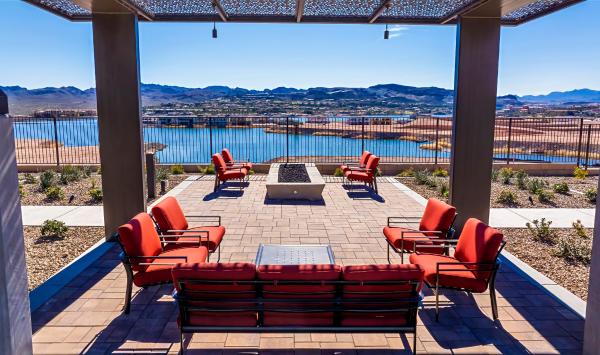 Sit fireside with neighbors as you take in lake views