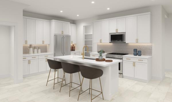 Gourmet kitchen with walk-in pantry anchoring the great room and casual dining space
