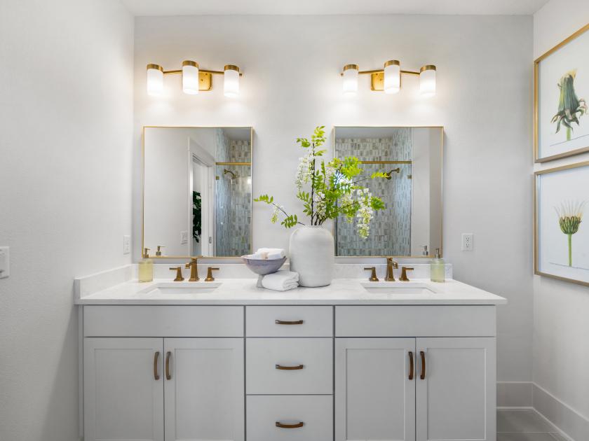 Primary bathroom with a dual-sink vanity and large walk-in bathroom