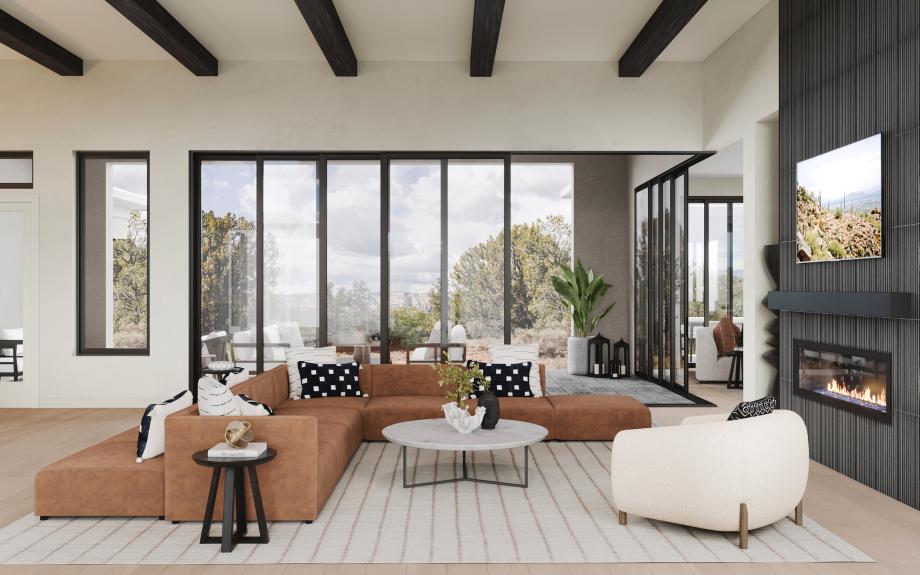 Stunning kitchen with 90-degree sliding glass door and cozy fireplace
