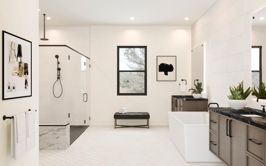 Spa-like primary bathroom with freestanding soaking tub, and large walk-in shower