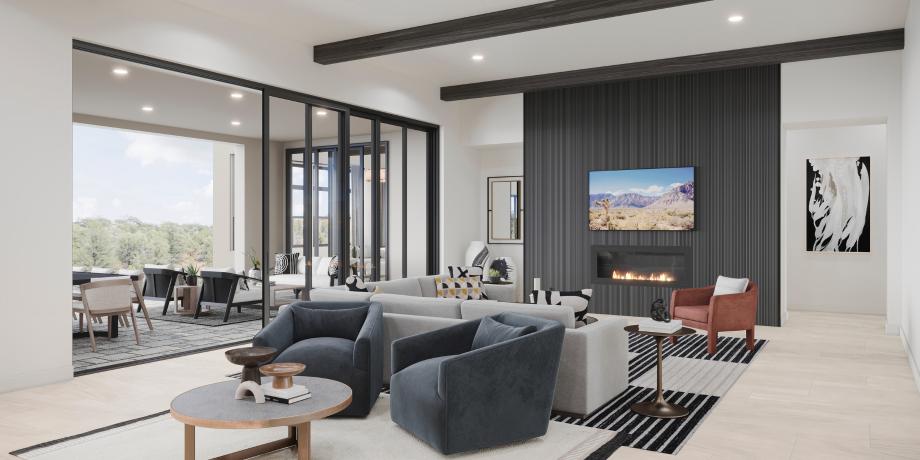 Great room with a 20' multi-slide door and fireplace