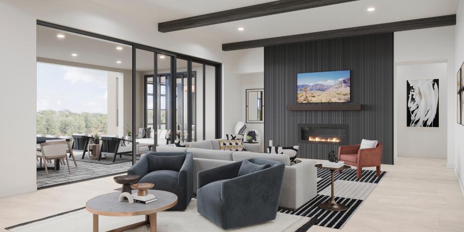 Great room with a 20' multi-slide door and fireplace