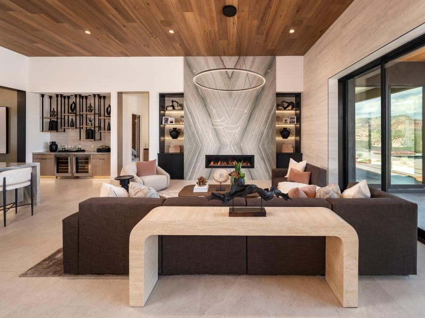 Striking fireplace in spacious great room