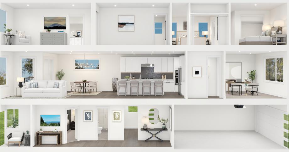 Cross section of the Bannerwood home design shows three floors of luxury living