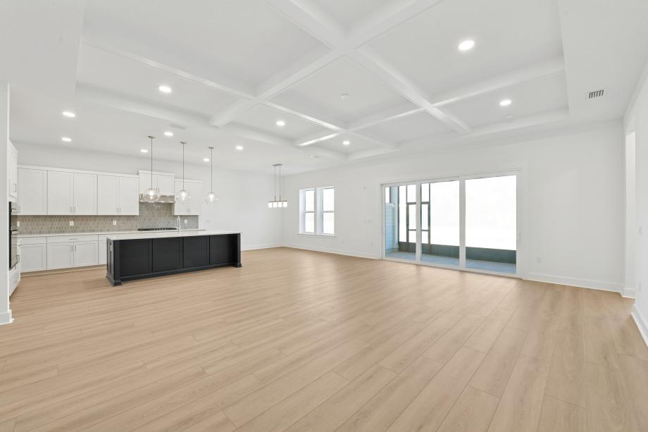 Spacious great room with beautiful ceilings, sliding glass door, and views of the kitchen