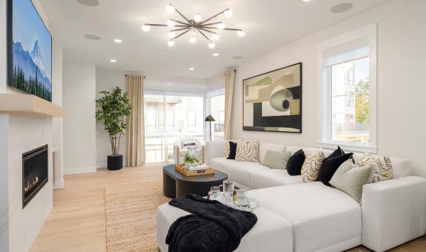 Bright, open great room with floor-to-ceiling corner windows