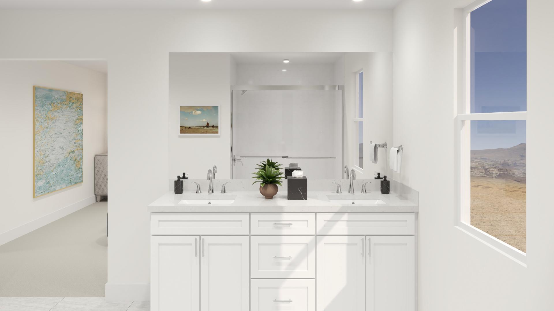 Bright, welcoming primary bath where every detail is designed for ease