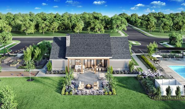 Outdoor amenities include a community garden, bocce court, and outdoor pool