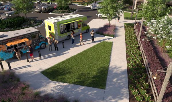 Lively outdoor setting designed for community events, food trucks, and casual evenings with neighbors