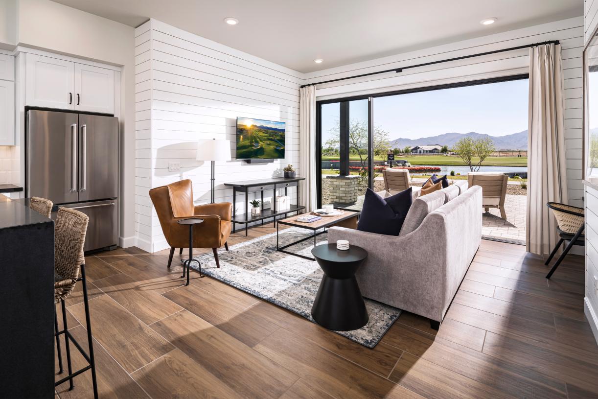 Spacious great room with multi-slide patio door