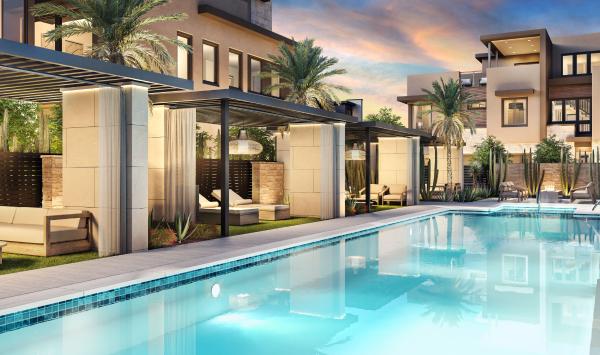 Resort-style pol, spa, cabanas, and outdoor fireplace