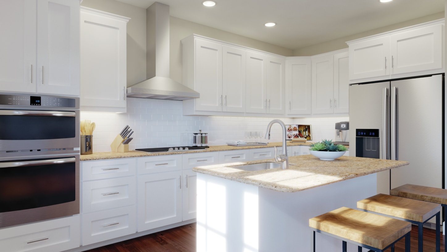 Well-appointed kitchen includes large center island and Whirlpool® stainless steel appliances